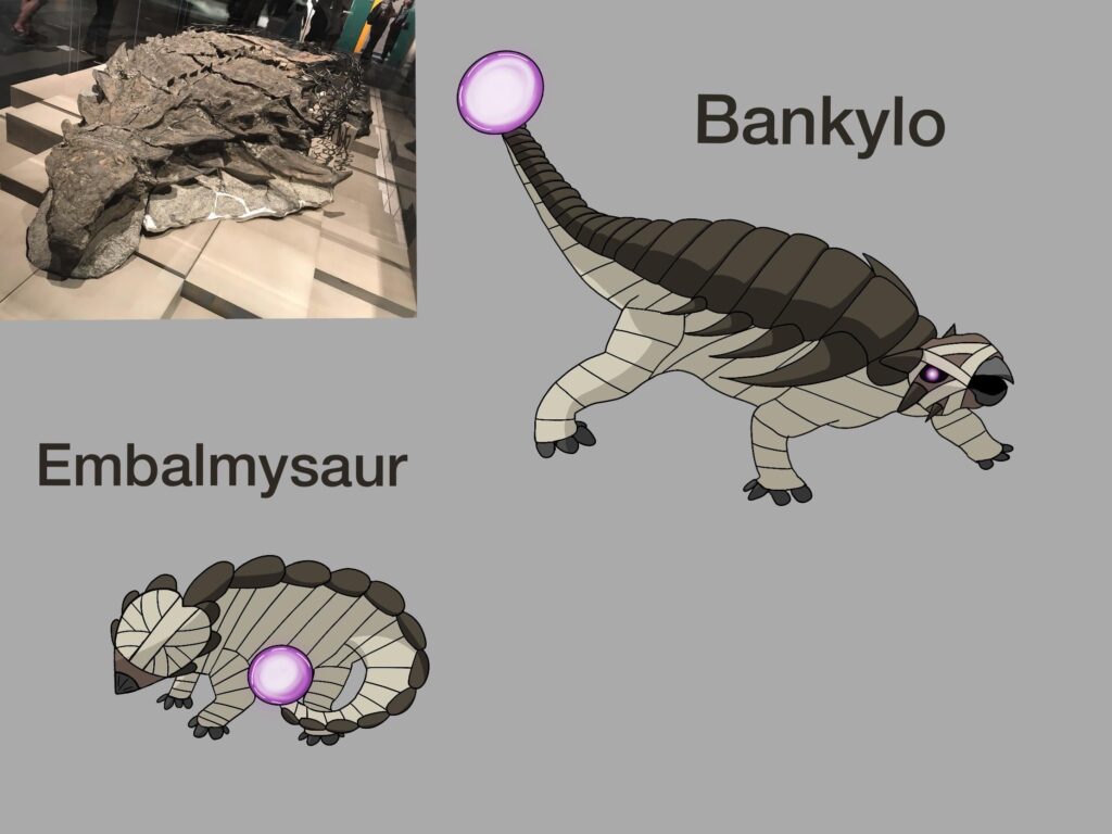 My first try on a fossil Pokémon for my (perhaps) future region. Meet Embalmysaur and Bankylo, Type: Rock/Ghost