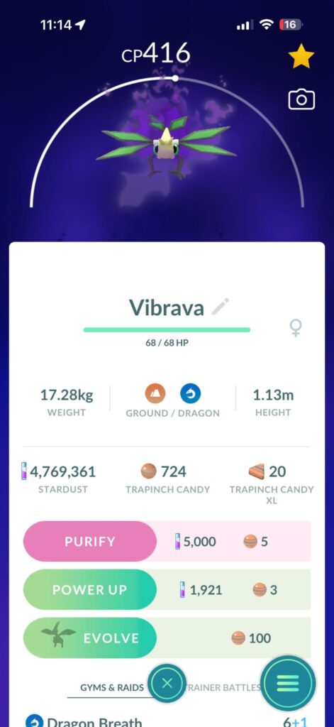 My Vibrava kept its normal eyes in shadow form, but caught it with red eyes.