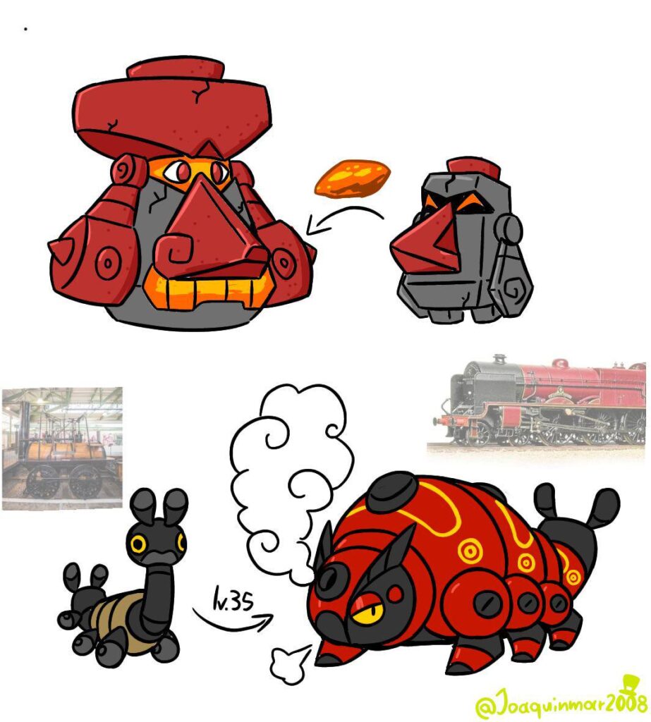 Some fore type fakemon, regional Nosepass and Probopass and fire steel steam engine bases bug thing