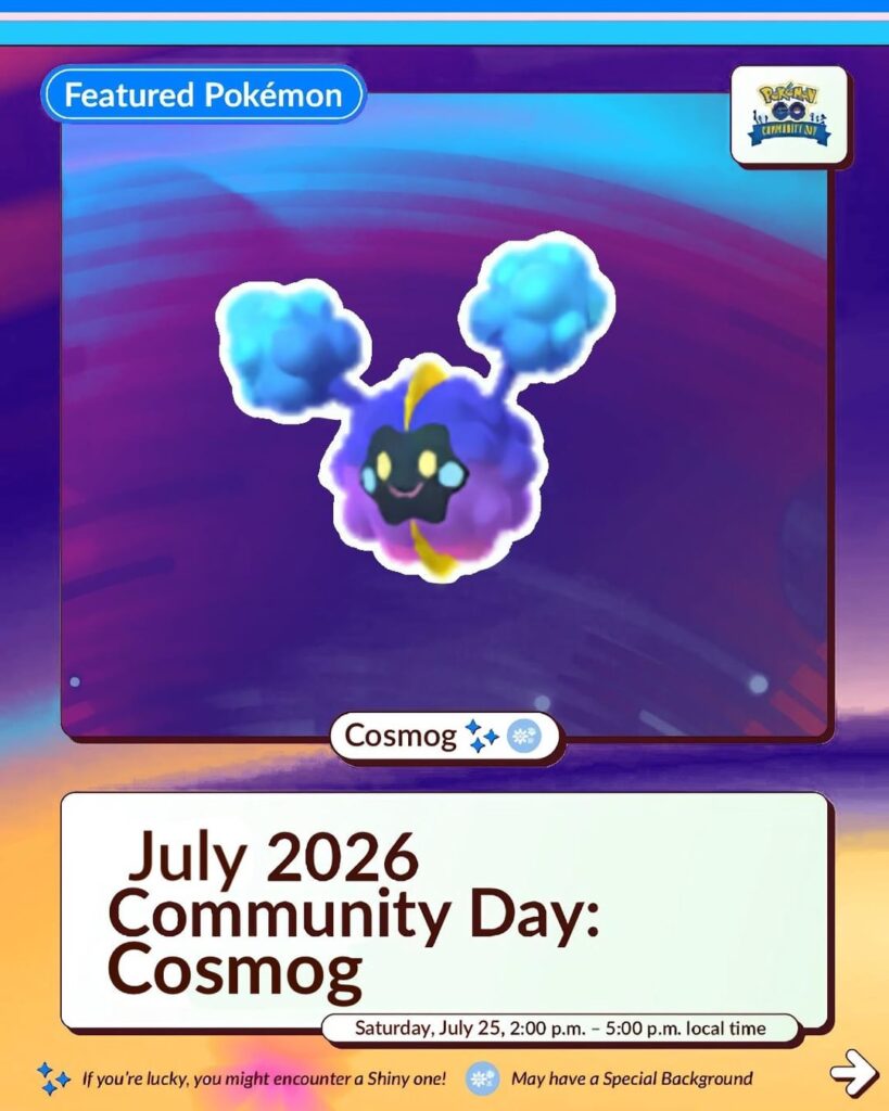 July 2026: Community Day Cosmog Niantic Infographic