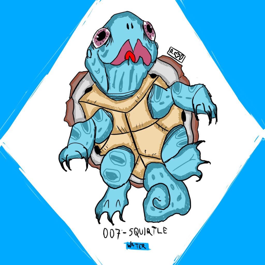 Squirtle (redesign). Kanto's aquatic starter Pokémon. This small turtle moves through the water by propelling itself through the holes in its shell, and can spin like a disc. They may form groups to obtain food.