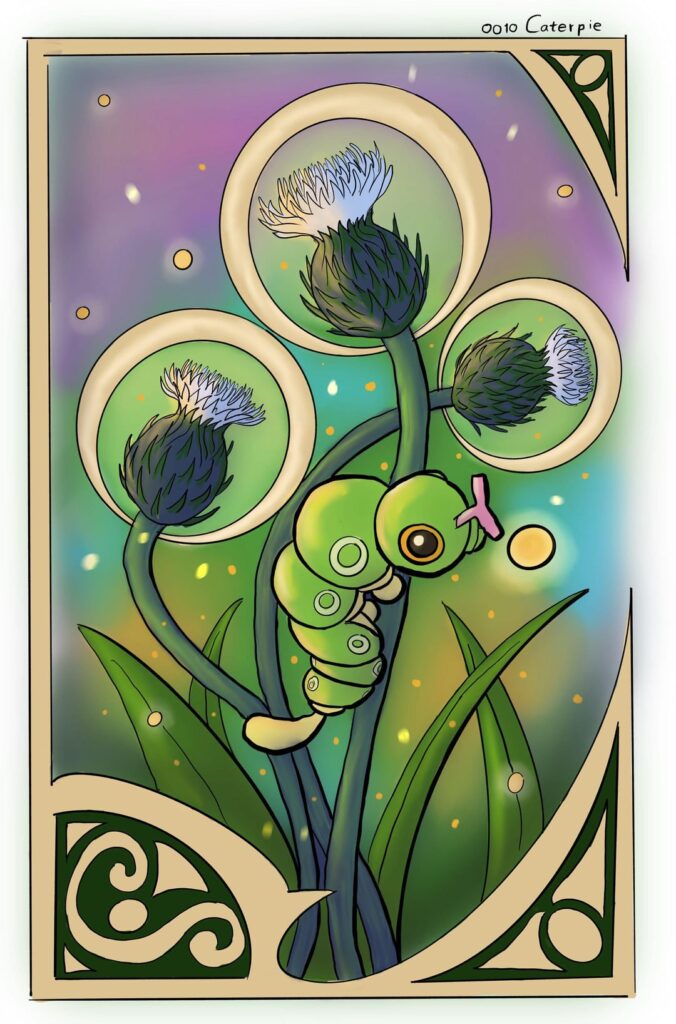 Caterpie, Metapod and Butterfree in my art nouveau style (oc)