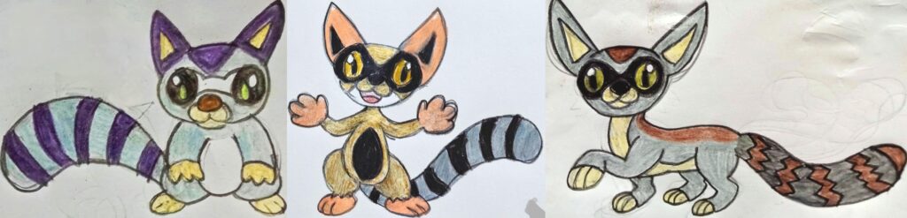 Cacomix: El Pokémon Cola anillada Tipo: Normal/Siniestro + Mixtliante: El Pokémon Bandido Tipo: Normal/Siniestro + Nictalux: El Pokémon cacomixtle Tipo: Normal/Siniestro