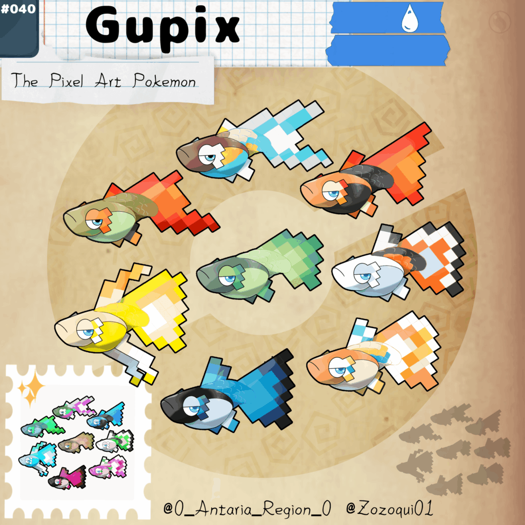 The crystal-clear waters of the Antaria Region have a inmense variety of Pokémons, the favorite of the locals is a very special one that have multiple forms that can be catched in different places, meet, the favorite of Water-Type collectionist: Gupix, The Pixel Art Pokémon
