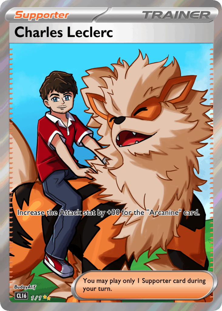 I made a fan art of Charles Leclerc (Scuderia Ferrari F1 Driver) as a Pokémon Trainer Card. [OC]