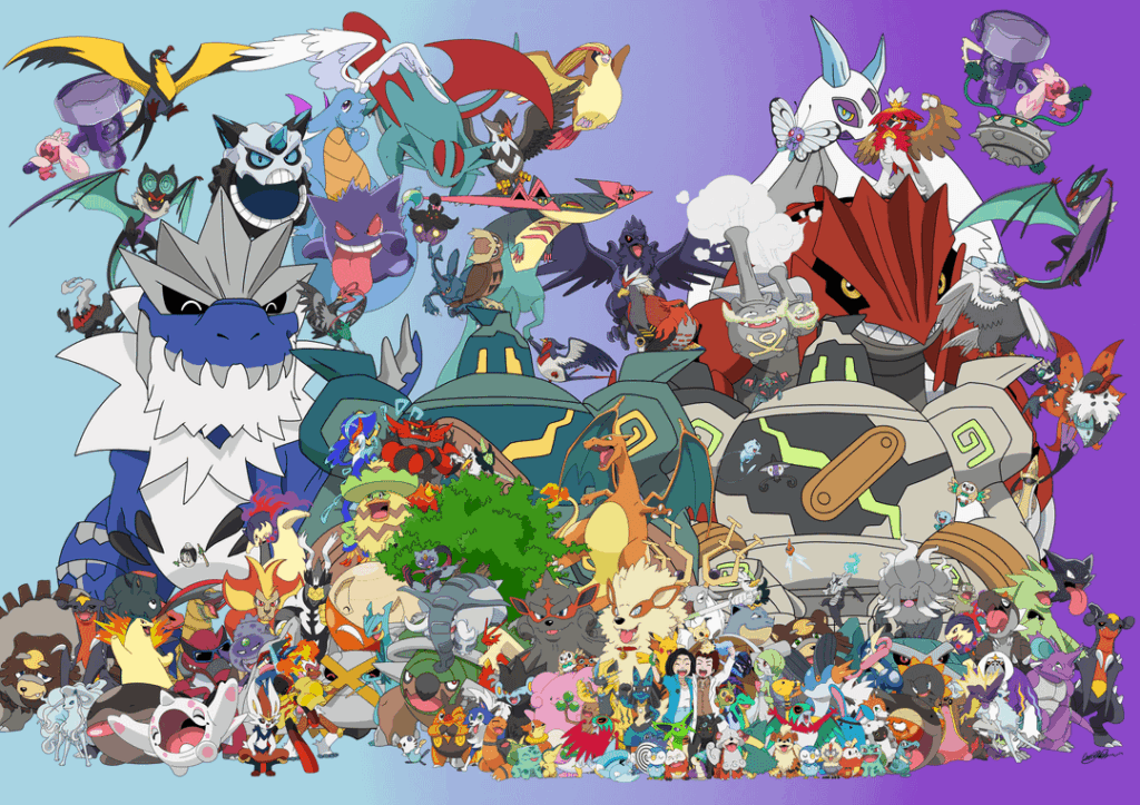 I have finally finished it! All of mine and my boyfriend's pokemon from each region! From Kanto to Paldea! It's a (late) anniversary present (our anniversary was on the 20th) but I have been very sick so I have a good excuse. Happy 11 years to us! All drawn by me on Procreate!