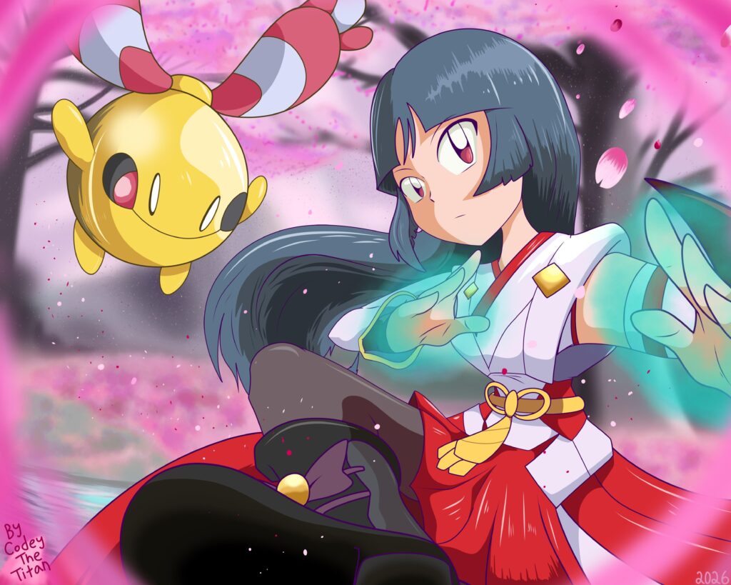 [OC] Fanart I made of Sabrina and her Pokemon Chingling. Finally got around to finishing this drawing that was originally for New Years, but I made it into a Spring themed drawing instead. 🌸