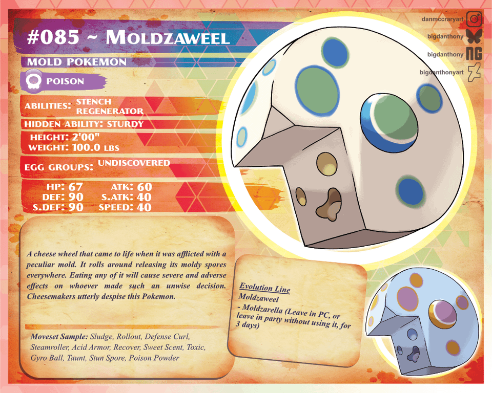 A joke Pokemon for my region: it's a cheese wheel that got so moldy that it came to life. You evolve it via neglect, making it moldier.