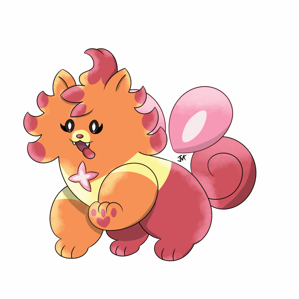 my first time designing a fakemon and attempting to replicate the pokemon artstyle, heres my take on Pombon's evolutions :>