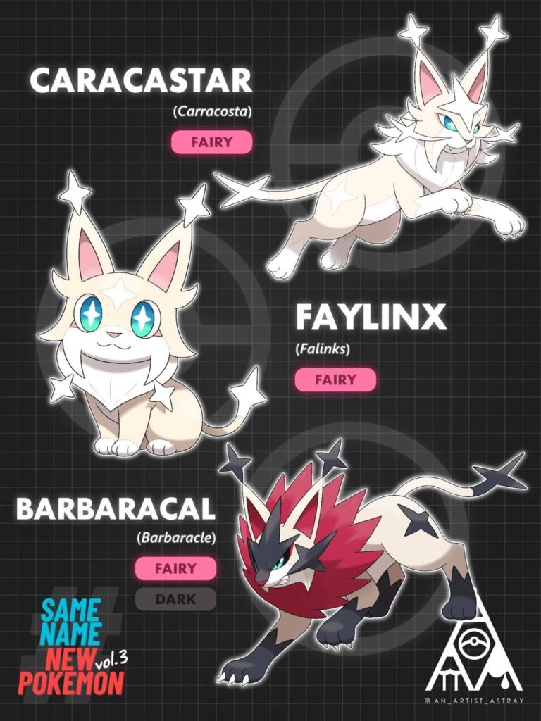 Same Name, Different Pokémon: Faylinx, Caracastar, and Barbaracal (by an_artist_astray)