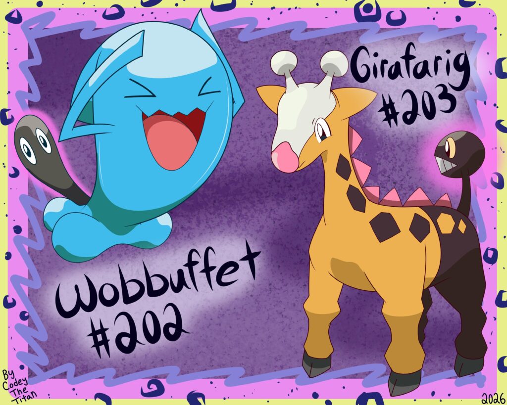 [OC] Drawing I made of Wobbuffet and Girafarig 2 Pokémon that have Psychic Abilities and have Tails that are Alive. Love these two and are fun to draw.