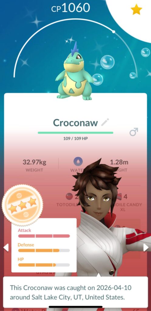 Daily egg gave me a shiny Totodile! Excited to collect candy to get his final evolution