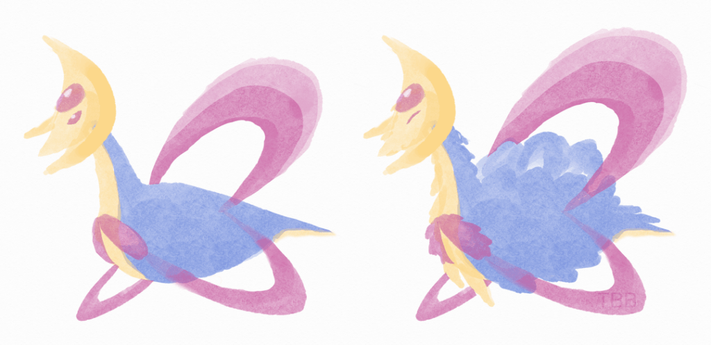 [OC] Cresselia fluffing her feathers like a bird (+ bonus doodle)
