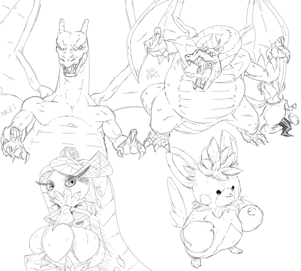 Look, a sketch of 3 realistic Pokémon. I know Charizard already appeared in Detective Pikachu, but his design was very skinny lol — I went too far in the opposite direction and made him fat xd. If I feel like it, I’ll color them so they actually look truly realistic.