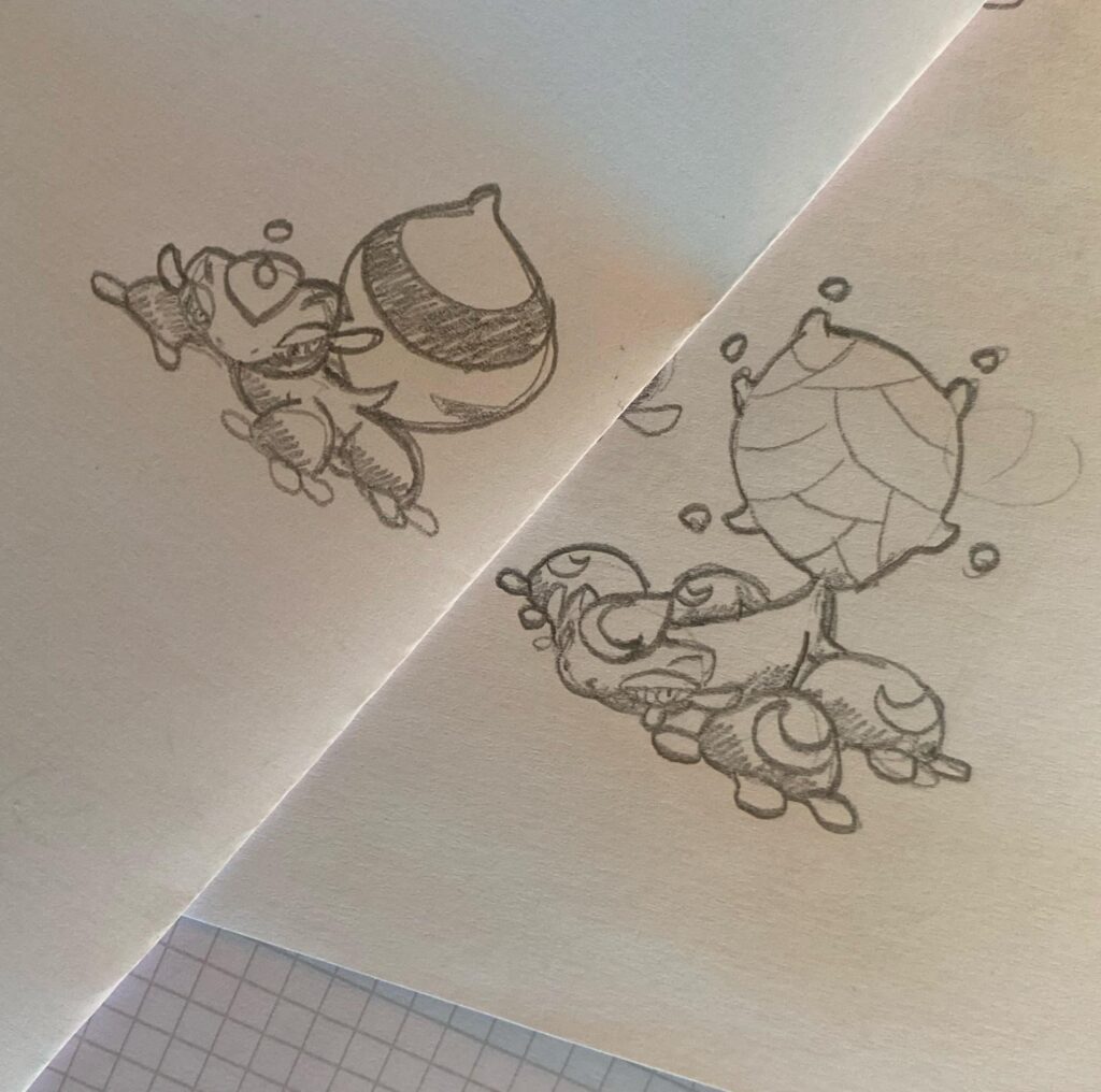 After more like 2 months, here is my take on gecqua evolutions. Water and psychic type, based on stillicide (continuous dripping)💧any thoughts?