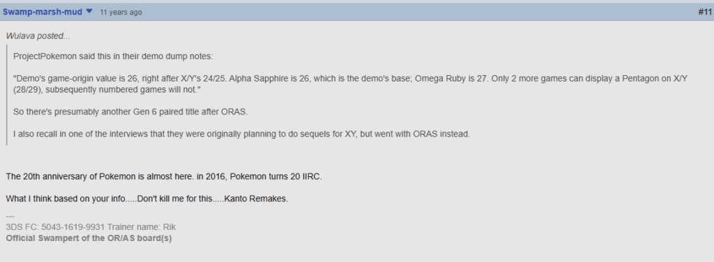 GameFAQs user predicted Kanto Remakes 11 years ago based on the ORAS demo leaks