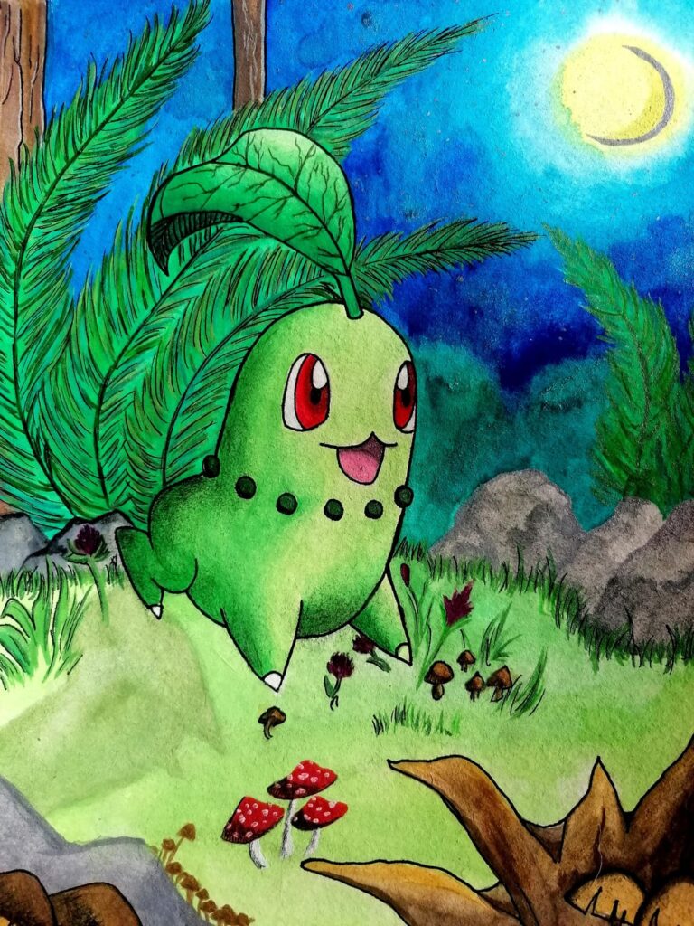 Pokemonartwork Chicorita in the night by fullmoon, also it's evolution Lorblatt by night on a rottem tree by night, and Meganie with lumiose-phenomenon by night, aquarell. Gotta paint 'em all Johto-versuon