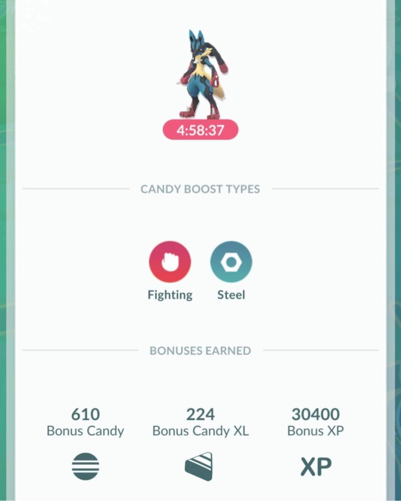 mega evolved max level lucario during tinkatink community day 💖 got a lot of candy!