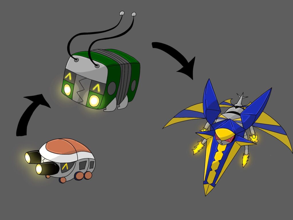 Convergent evolution based on the Vikavolt line. Meet Gobin (Steel/Electric), Cargabug (Steel/Electric) and Vaerovolt (Steel/Flying)
