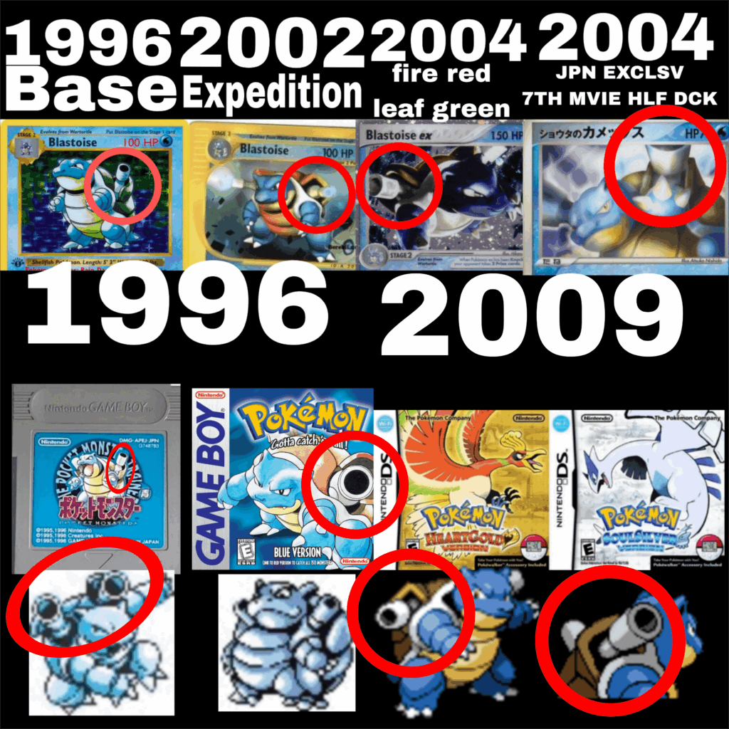 About Blastoise's shell/cannons design? Why the change in official artwork and are there any other inconsistencies in other Kanto and Johto pokemon/ starters?