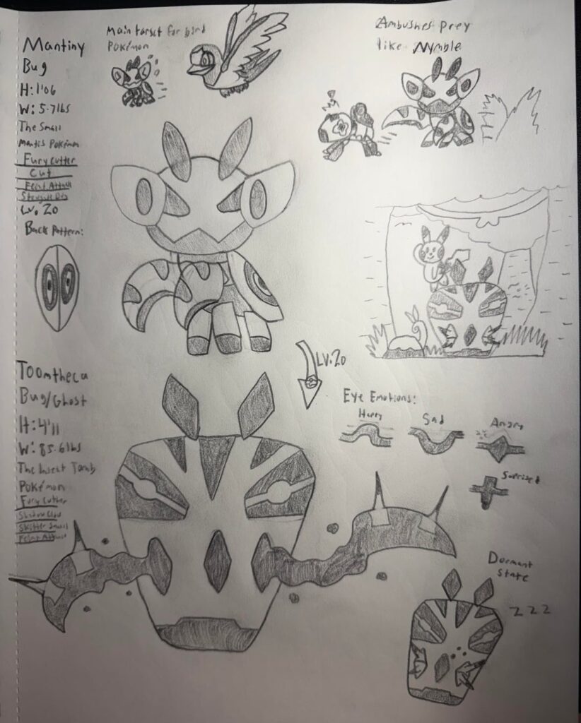 Mantiny, Toomtheca, and Muerantis. My Regional Route 1 Bug Pokémon that is based on the South American Dead Leaf Mantis, the Ootheca, and the Grim Reaper.