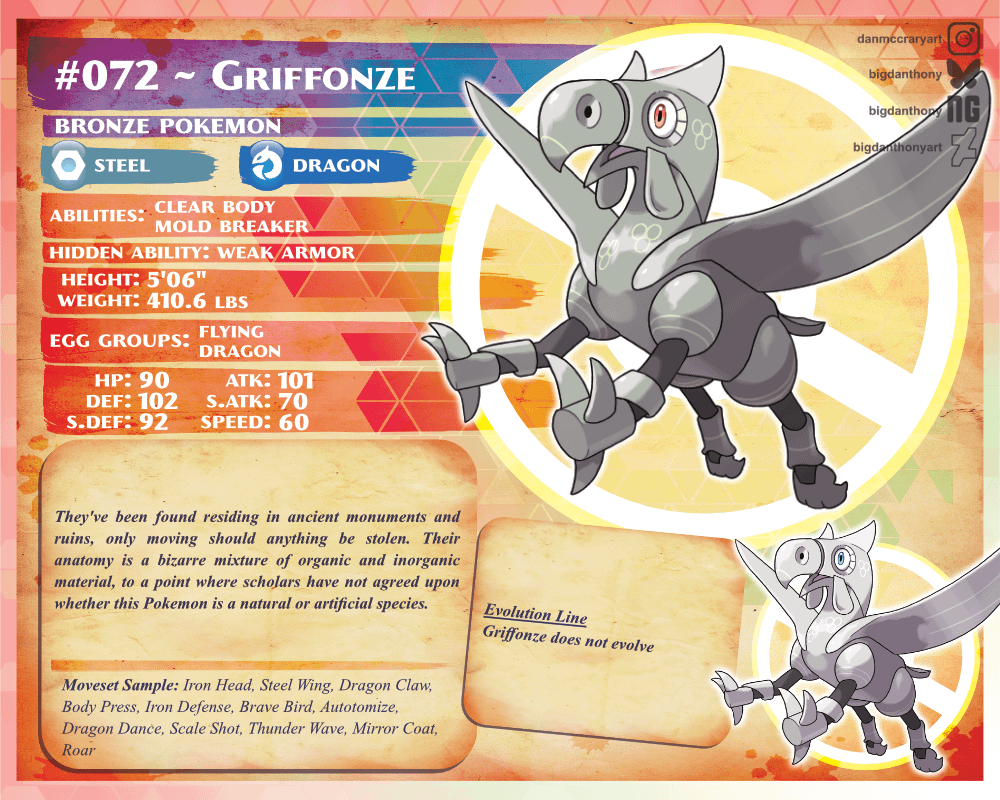 Meet Griffonze! When I was looking online for what to add to my Italy region, I came across the Pisa Griffin, and "giant metal griffin" just screamed Pokemon to me so I decided to make a Pokemon of it. In hindsight, I should've made this the pseudo-legendary, but we're committing.