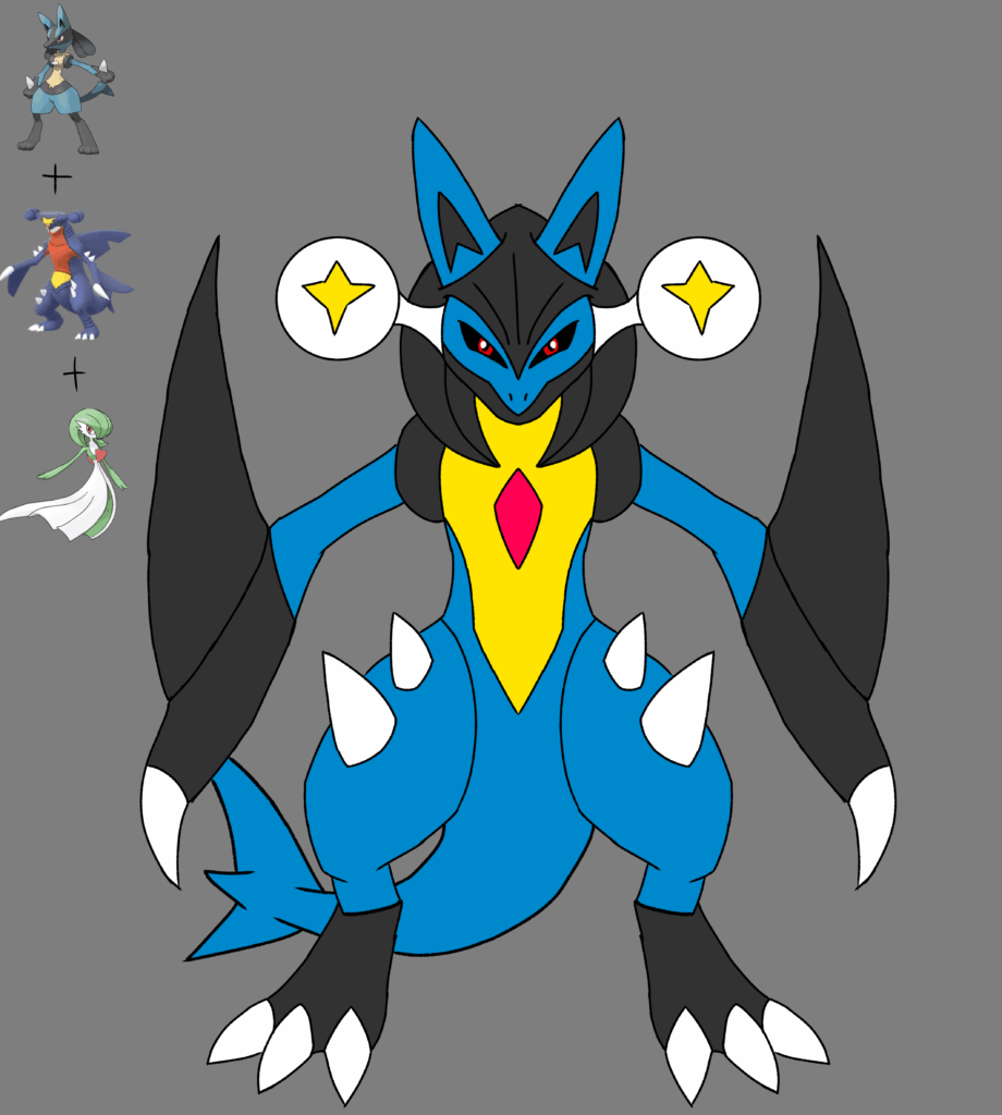 Luchavoir. The fusion of Lucario, Garchomp, and Gardevoir.