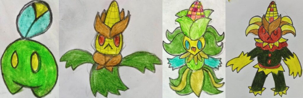 Mazoro: El Pokémon Milpa Tipo: Planta + Cornavida: El Pokémon Maiz Tipo: Planta/Tierra + Maizon♀️ El Pokémon Maizal Tipo: Planta/Tierra + Maizon♂️ El Pokémon maizal tipo: Planta/Siniestro