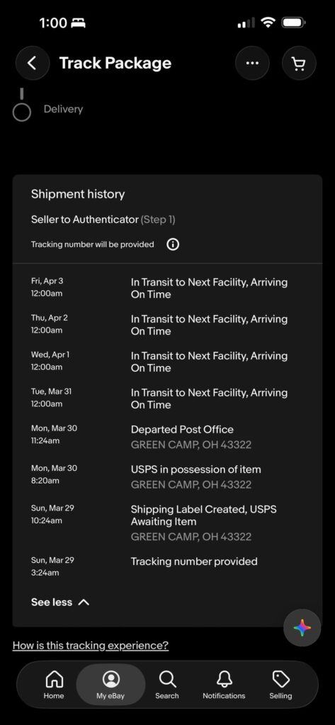 Ebay order appears to be lost on the way to authenticator. Questions….