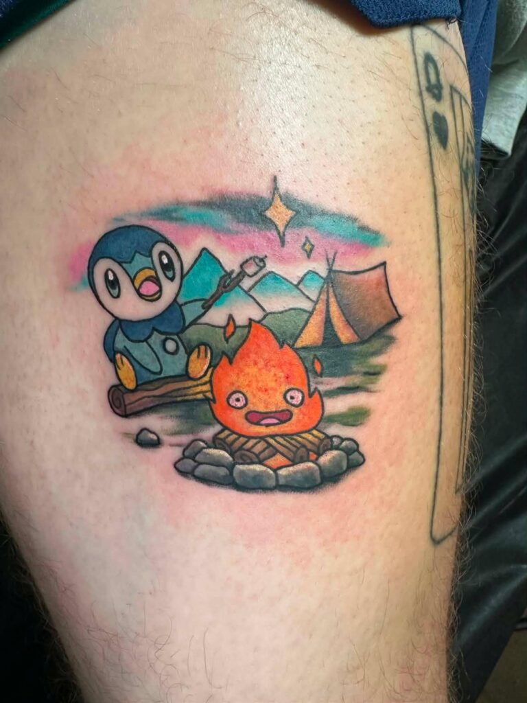 Piplup and Calcifer go camping together (my new tattoo)