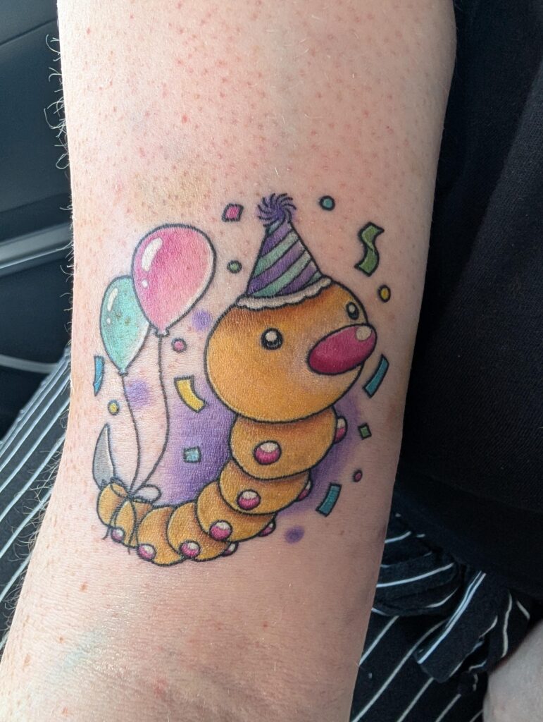 More than 10 years ago my wife saw a weedle and hilariously nicknamed it party hat during her first ever Pokemon playthrough. Now that moment is on her forever.