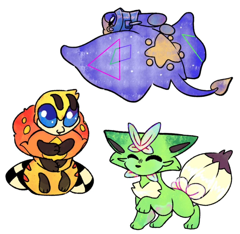 my fakemon starters based on different types of games! who would you pick? [OC]