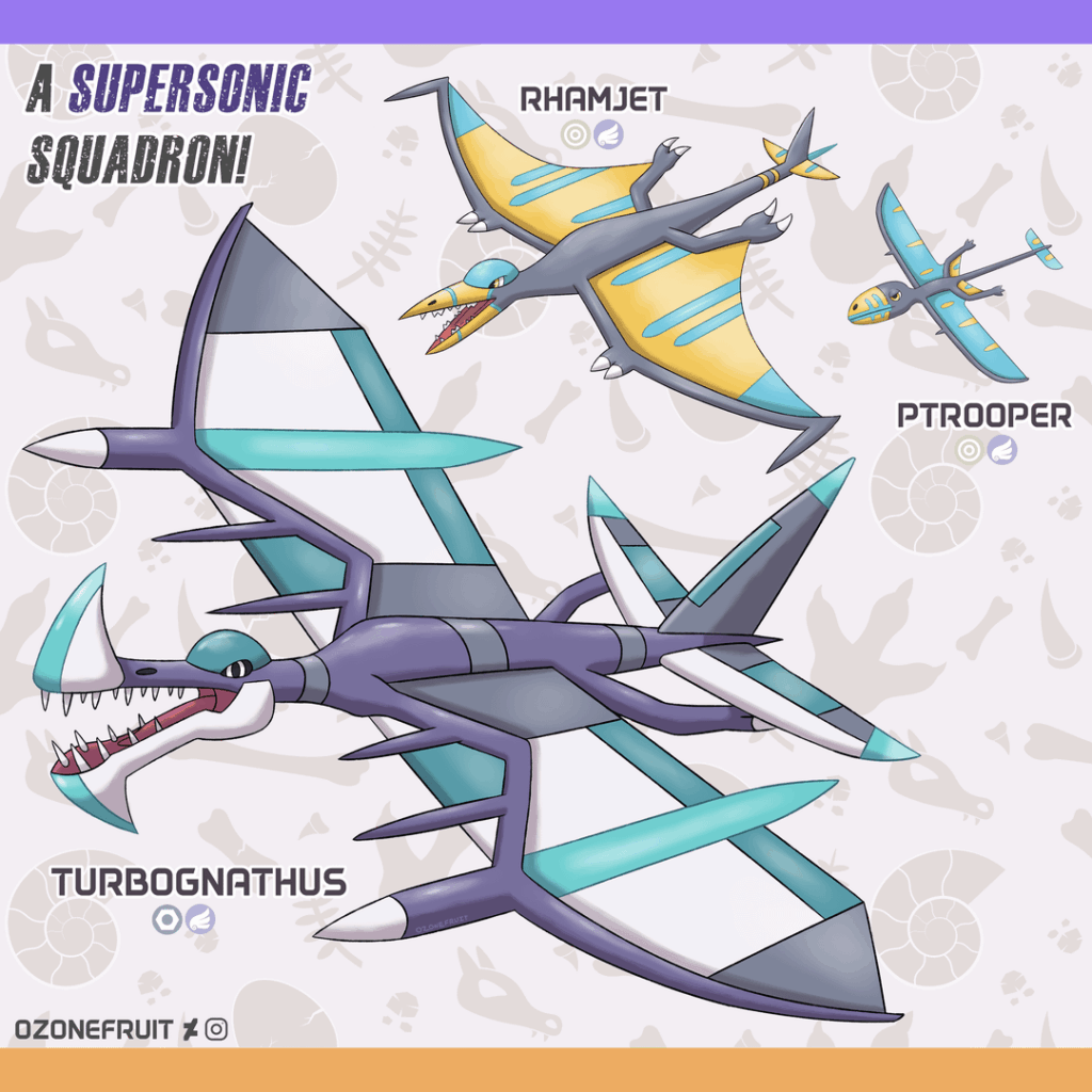 Pterosaur Jet Fighter Pokemon Line! Designs inspired by Dimorphodon, Rhamphorynchus, and Tropeognathus!