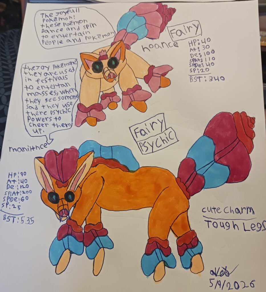 I made a fakèmon line based on the hoary fox cubs, maned woves and carnival stilt walkers, I had so much fun designing them even though they where hard to come up for typings, states, and abilities but love how they came out and I think i did pretty decent but would love to know how you feel