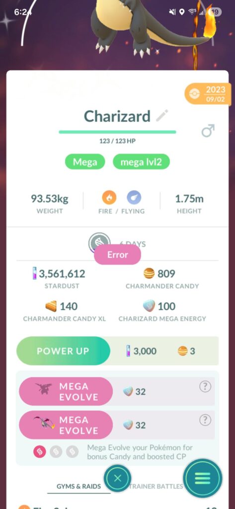 Error pop up when trying to evolve Charizard to another form?