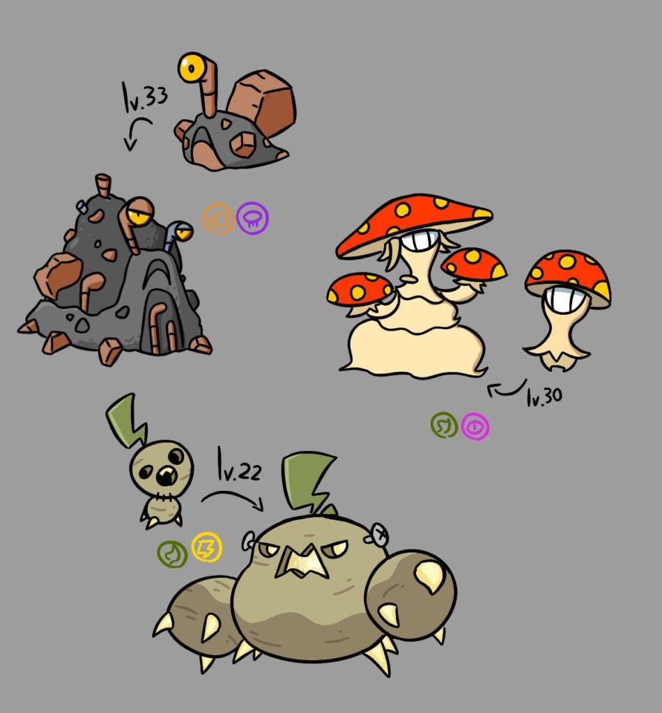Three random fakemon, a pile of rubble and cinder, electric potatoes and mind controlling mushrooms