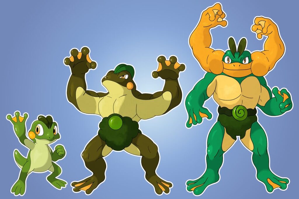 Frog convergent Machop line, inspired by the beautiful idea from CERØY (u/fakemonopolis). The idea was all theirs, I just wanted to try my own spin on it