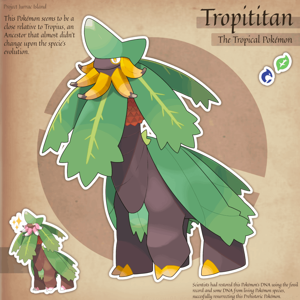 Hands back on work✨️ And also introducido a new dex type, the Prehistoric récord! Without much to say, meet: Tropititan, the Tropical Pokémon