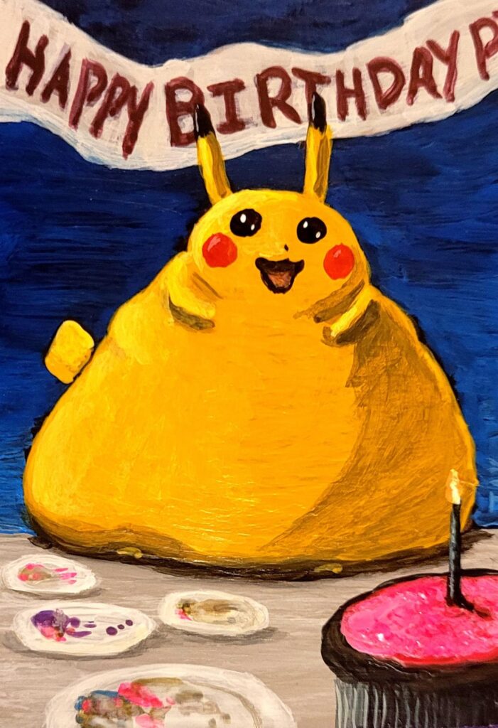 Birthday Pikachu, by me, painted on an energy card!
