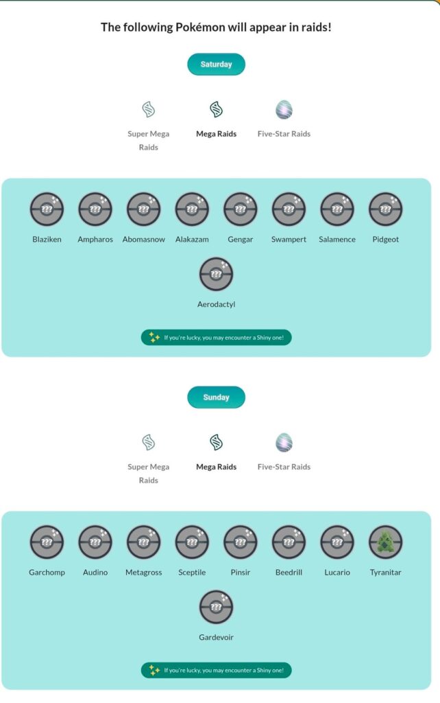 Global GO Fest Mega Raids and 5 Star Raids updated on the website