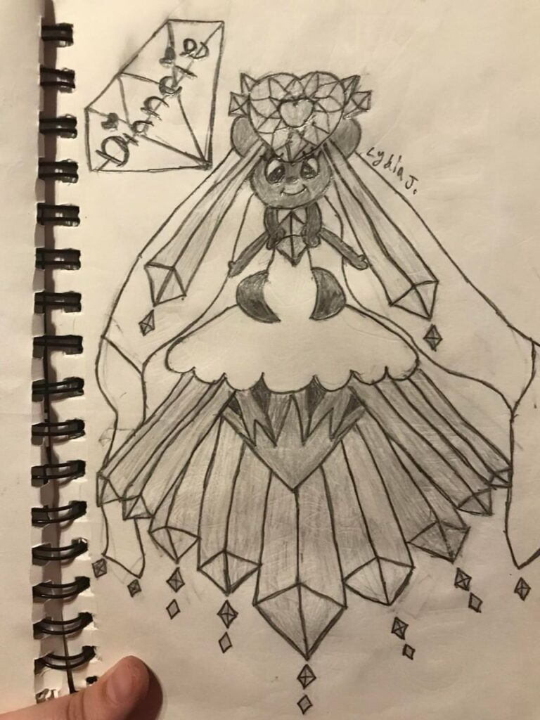 Mega Diancie In pencil and in colored pencil both hand-drawn drawn by me