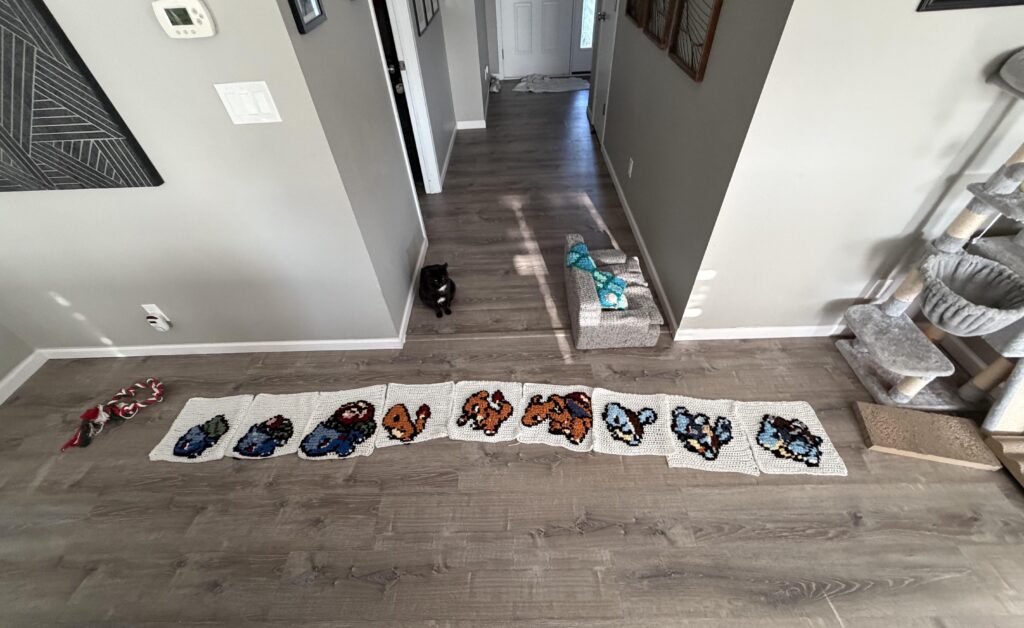 So I had a brilliant idea of making a blanket of all the 151 Pokémon. It’s going to be more of a tapestry than a blanket because this is just the first row.