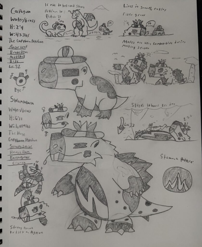 Capybara Fakemon: Capagua & Swampabara. Based on Capybaras, Josephoartigasia, and the Victoria Amazonica River Lily.