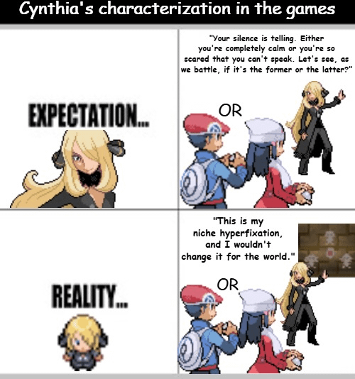 Fun Fact: After entering the hall of fame in PT, go to celestic town and then Celestic Ruins, and you'll find Cynthia. If spoken to, she will NOT stop talking to you about this particular piece of ancient cave art!