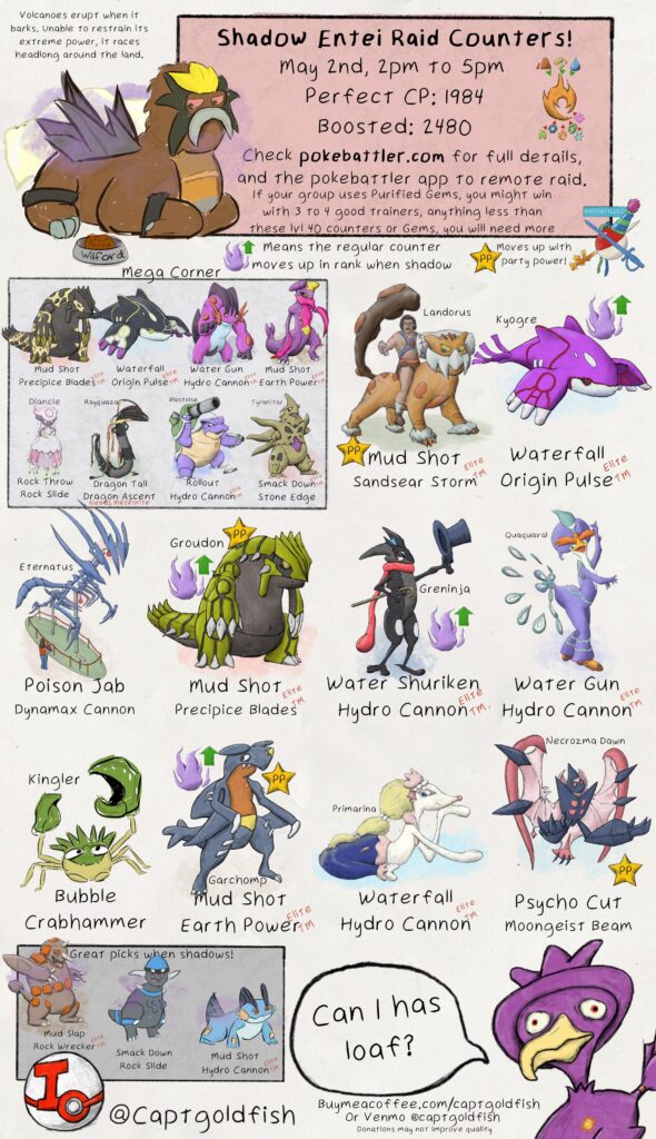 Shadow Entei raid day, Saturday May 2nd, 2-5pm. Info from pokebattler.com