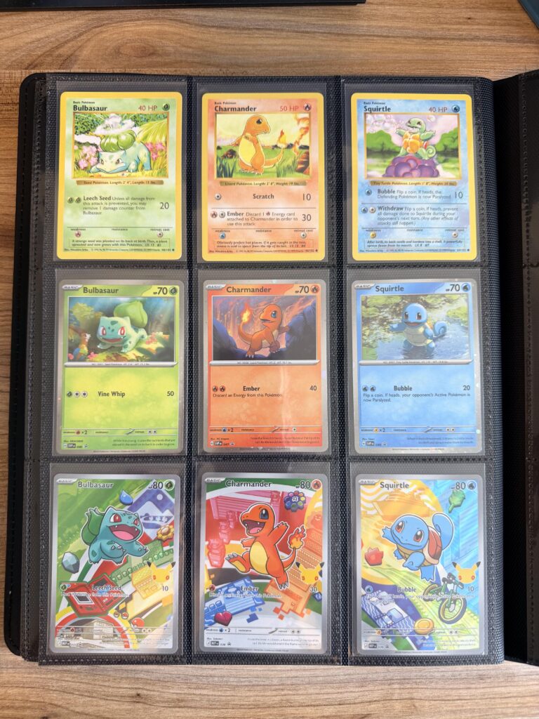 A page in my binder dedicated to the Kanto starters