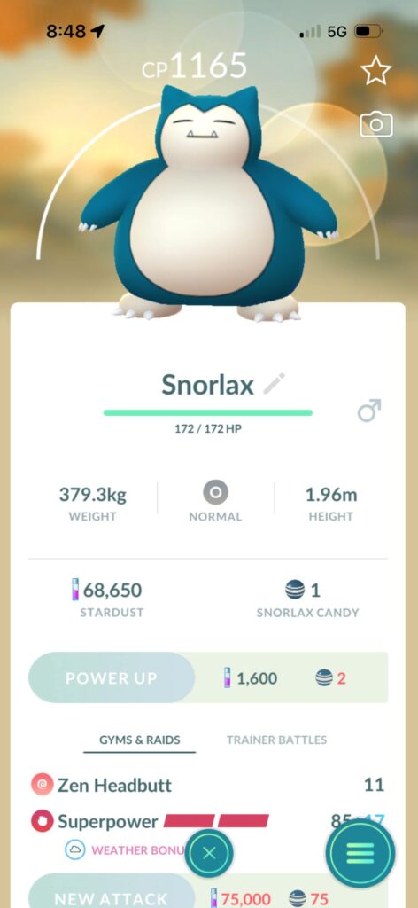 My Snorlax that’s been stuck at a gym for a month is finally back😭✌️