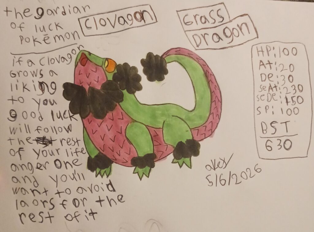 I tried making a clover bearded dragon mythical fakèmon how did I do on the design, lore, and stats I still need to work on making stats and unfortunately my hand writing isn't the best do I apologize for that I also not sure about abilities for it maybe Super Luck and rough skin
