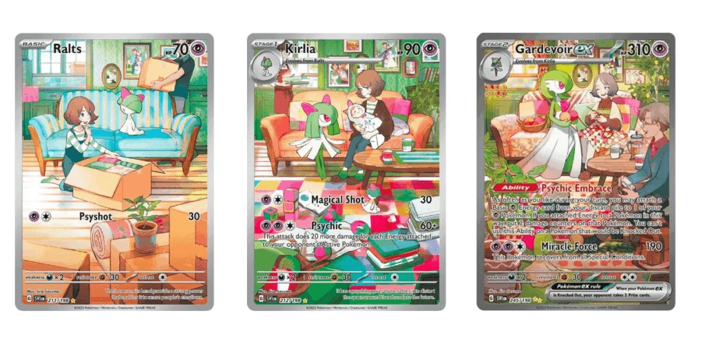 I'm not sure if someone posted this already, but I find the Ralts-Kirlia-Gardevoir full-arts from SV base really cute.