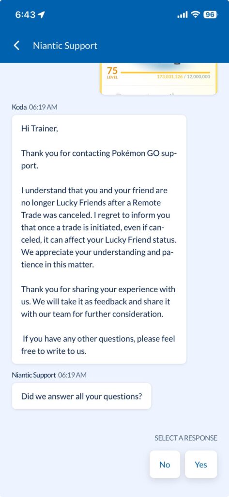 BEWARE: Forever lucky friend cancelled our remote trade, because of it, it removed lucky friend status